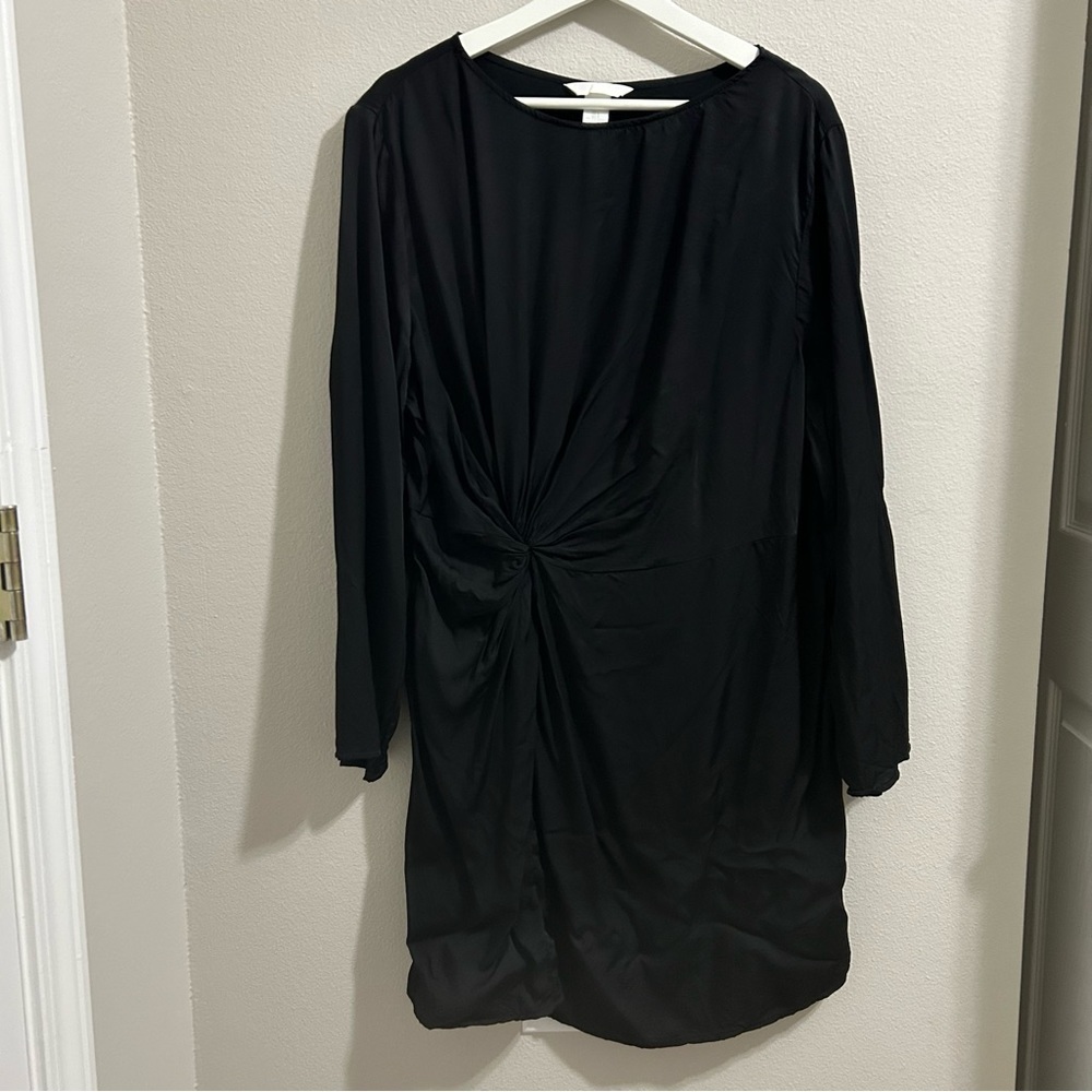 H & M Minimalistic Black Long Sleeve Sheath Dress Midi Knot Waist Sz. L